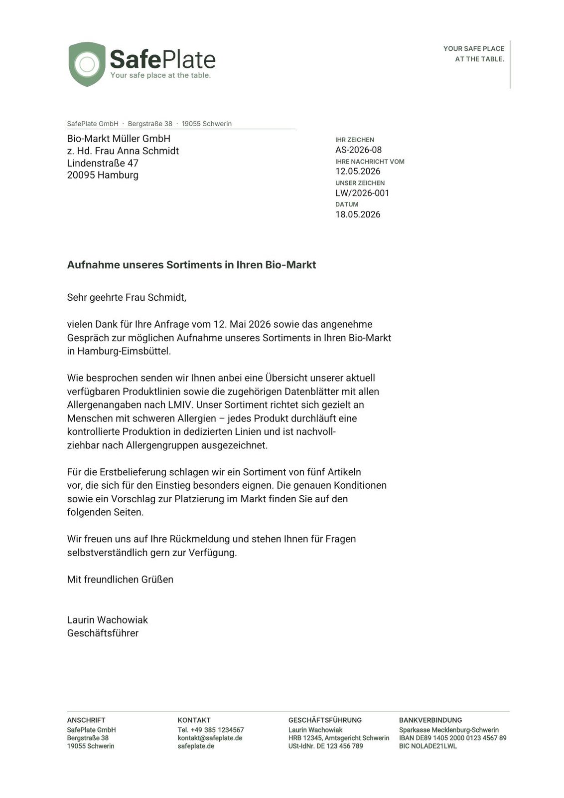 SafePlate Briefbogen Beispiel