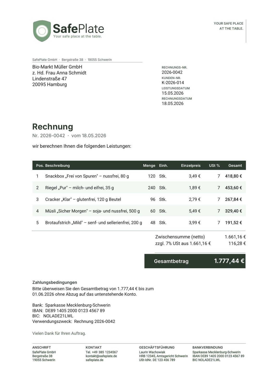 SafePlate Rechnung Beispiel